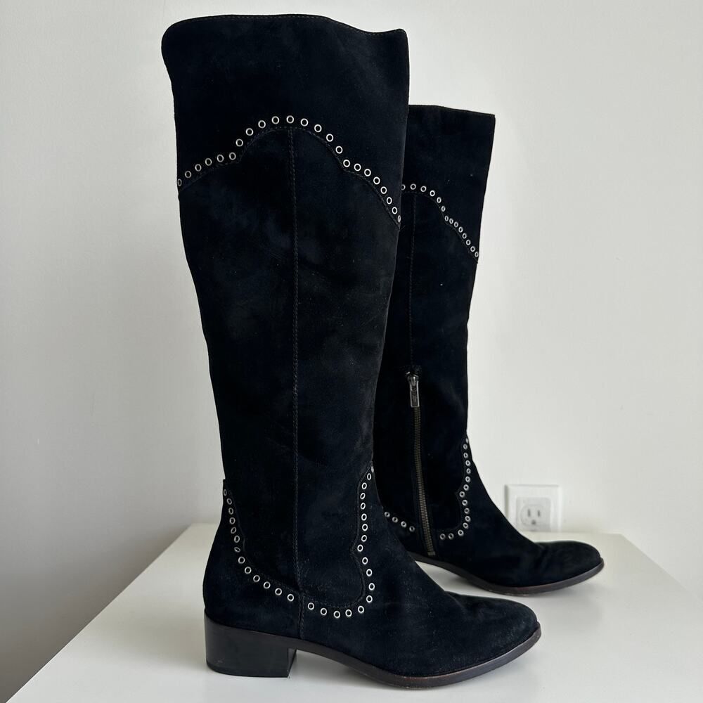 FRYE Boots Womens 6.5 Black Over The Knee Suede Leather Ray Grommet Studded